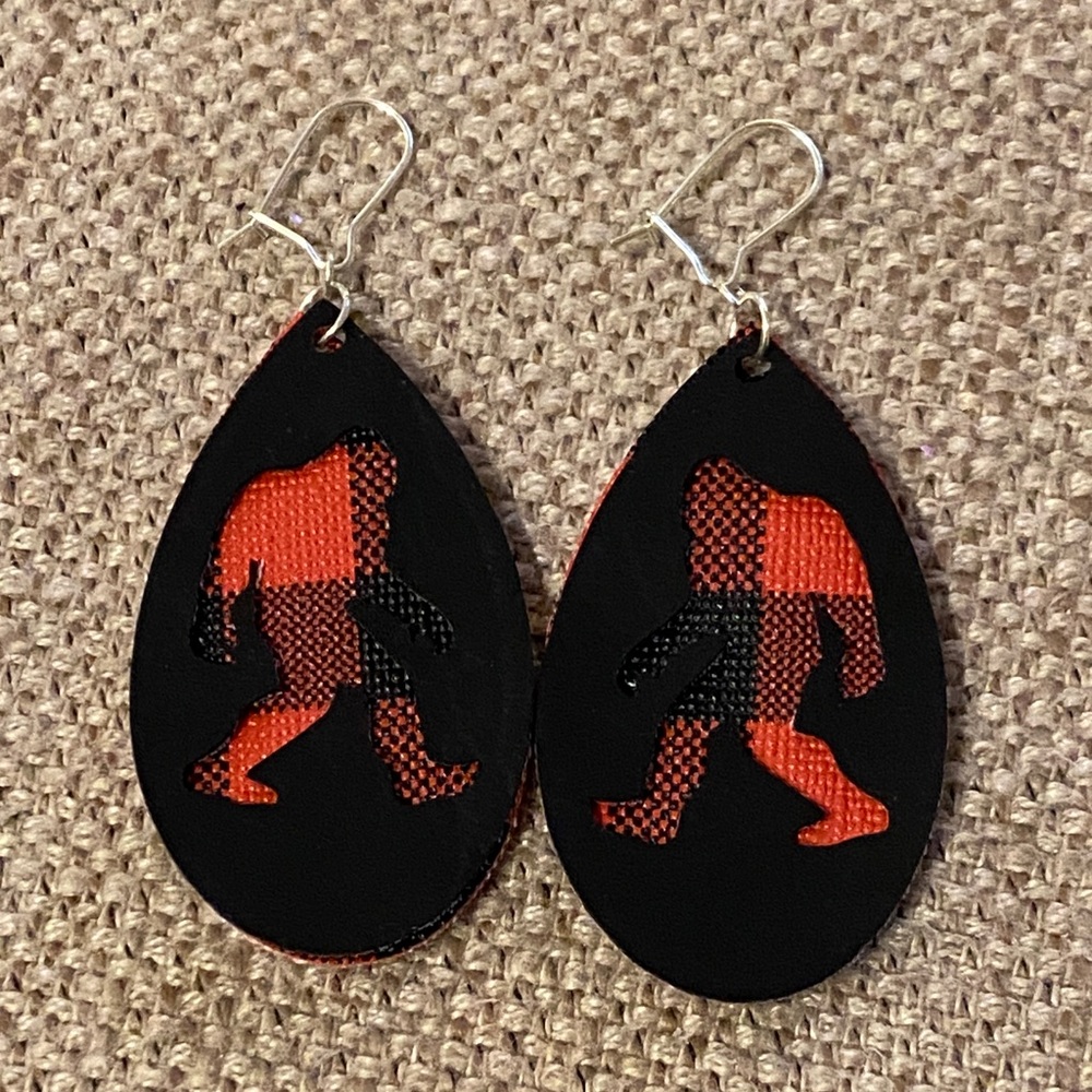Black and Red Bigfoot Earrings Faux Leather
